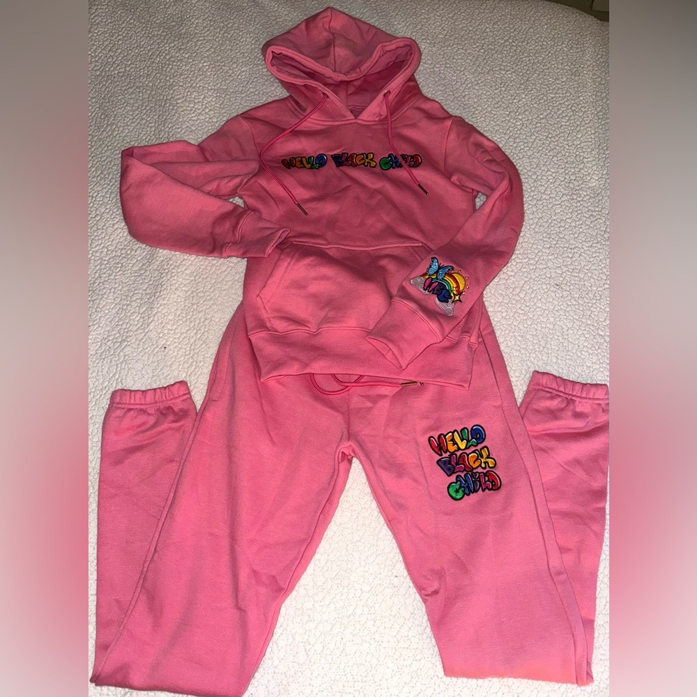 Hello black child pink sweatsuit set